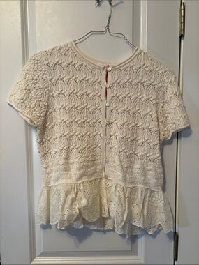Savida Cream Crochet Knit Peplum Button-Up Top. Size L